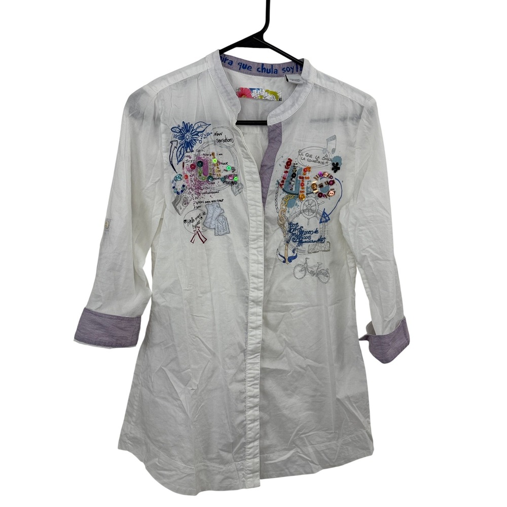 Desigual Shirt Womens Size Medium White Graphic Embroidered Sequin Roll Tab